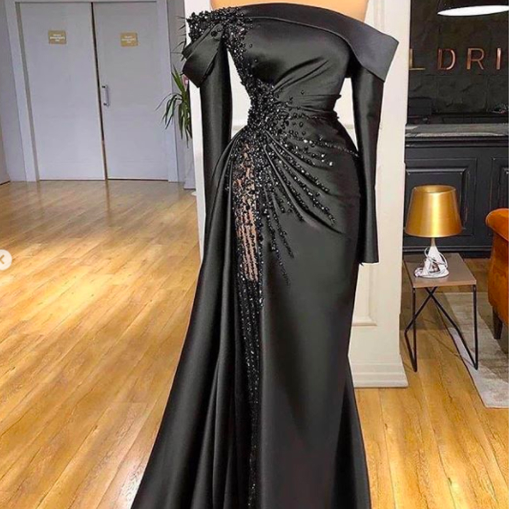 P3649 Black Prom Dresses 2021, One Shoulder Prom Dresses, Feather Prom Dresses, Black Evening Dresses, Long Sleeve Prom Dresses, Side Slit Prom