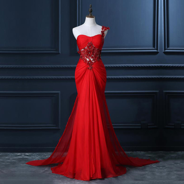P3652 One Shoulder Prom Dress With Beaded Flowers, Unique Red Prom Gowns, Mermaid Chiffon Prom Dress With Cut-out,