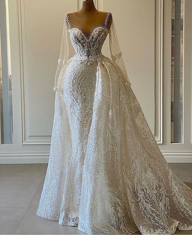 W3655 Luxury Sparkly Wedding Dresses Mermaid Women Elegant Arican Bride 2021 Beaded Long Sleeves With Detachable Train Bridal Gowns