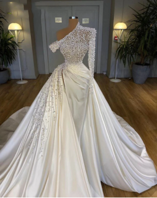 W3657 Satin Wedding Dresses Dubai Pearls Beads High Quliaty 2021 Mermaid With Sleeves Long Train African Bride Bridal Gowns Plus Size