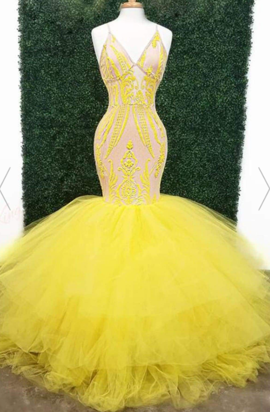 P3662 Yellow Deep V Neck Lace Appliques Mermaid Prom Dresses