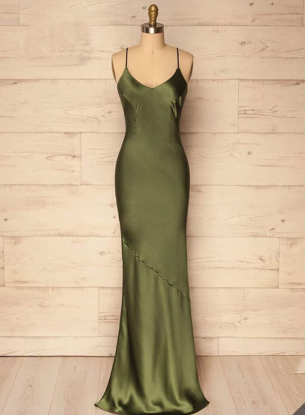 P3670 Spaghetti Straps Olive Green Sheath Prom Dresses