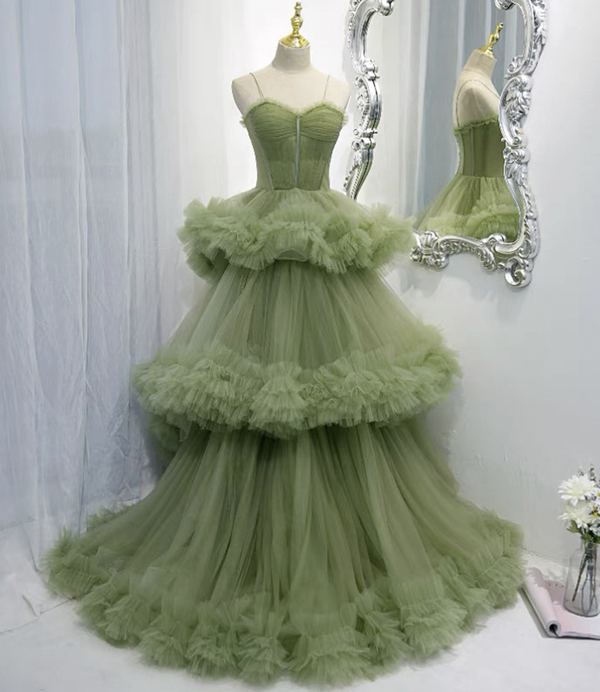 P3672 Green Tulle Long A Line Prom Dress Green Evening Dress