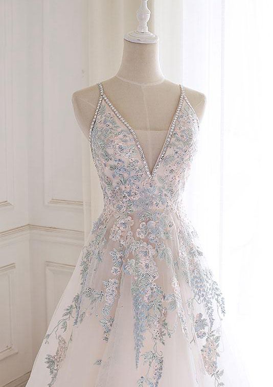 White v neck tulle lace long prom dress white tulle lace evening dress,DS2388