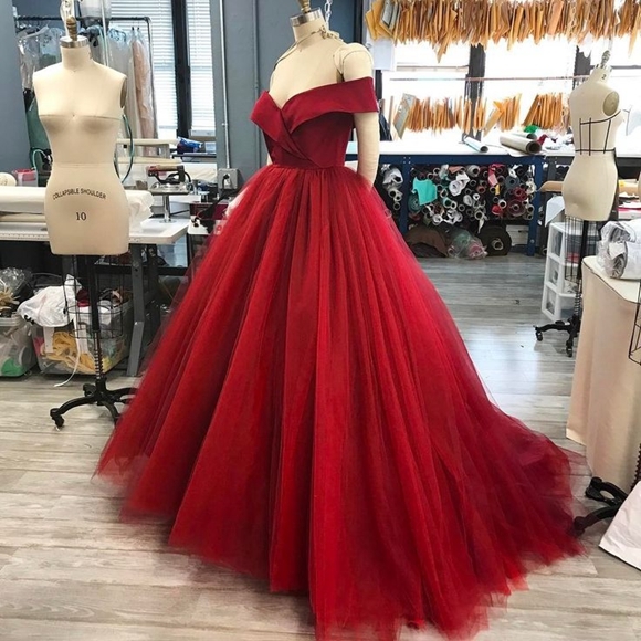 P3674 Red Off Shoulder Long Prom Dress, Red Evening Dress