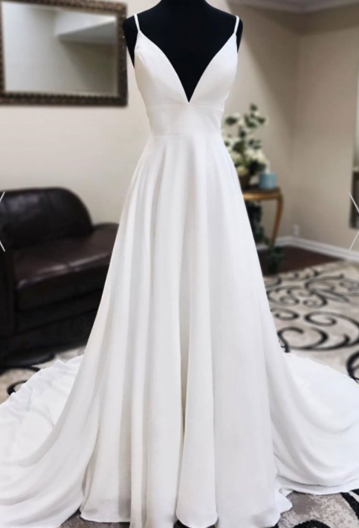 P3677 White Tulle V Neck Long Dress White Long Prom Dress, Formal Dress