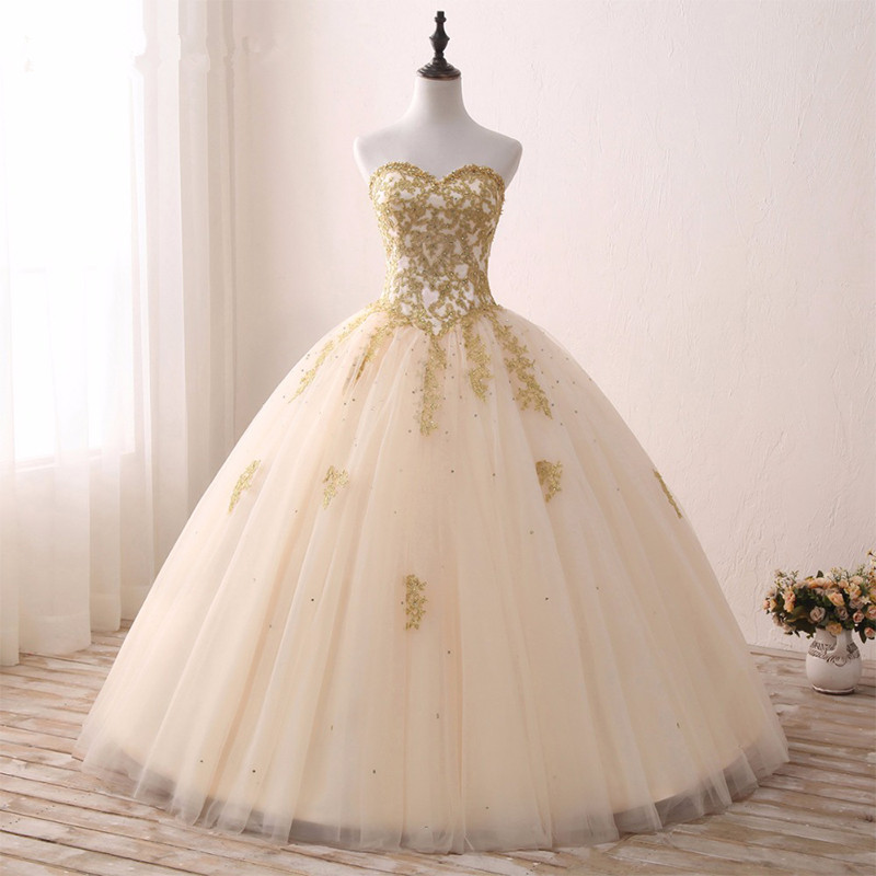P3683 Sleeveless Ball Gown Prom Dress With Gold Appliques
