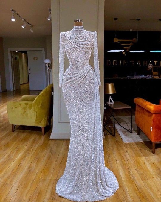 P3684 White Sequin Pageant Dress Evening Gown