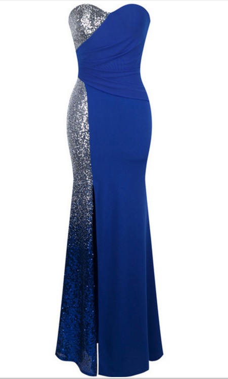 P3689 Strapless Sweetheart Gradient Sequin Ruched Floor-length Prom Dress, Evening Dress With Side Slit