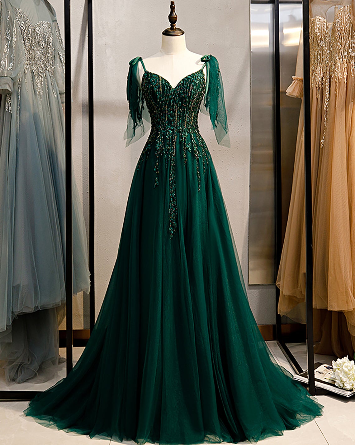 P3697 Emerald Green Spaghetti Straps Prom Dress Shinny Prom Dress Ball Gown A-line Wedding Dress Fairy Prom Gown Banquet Dress Formal Party