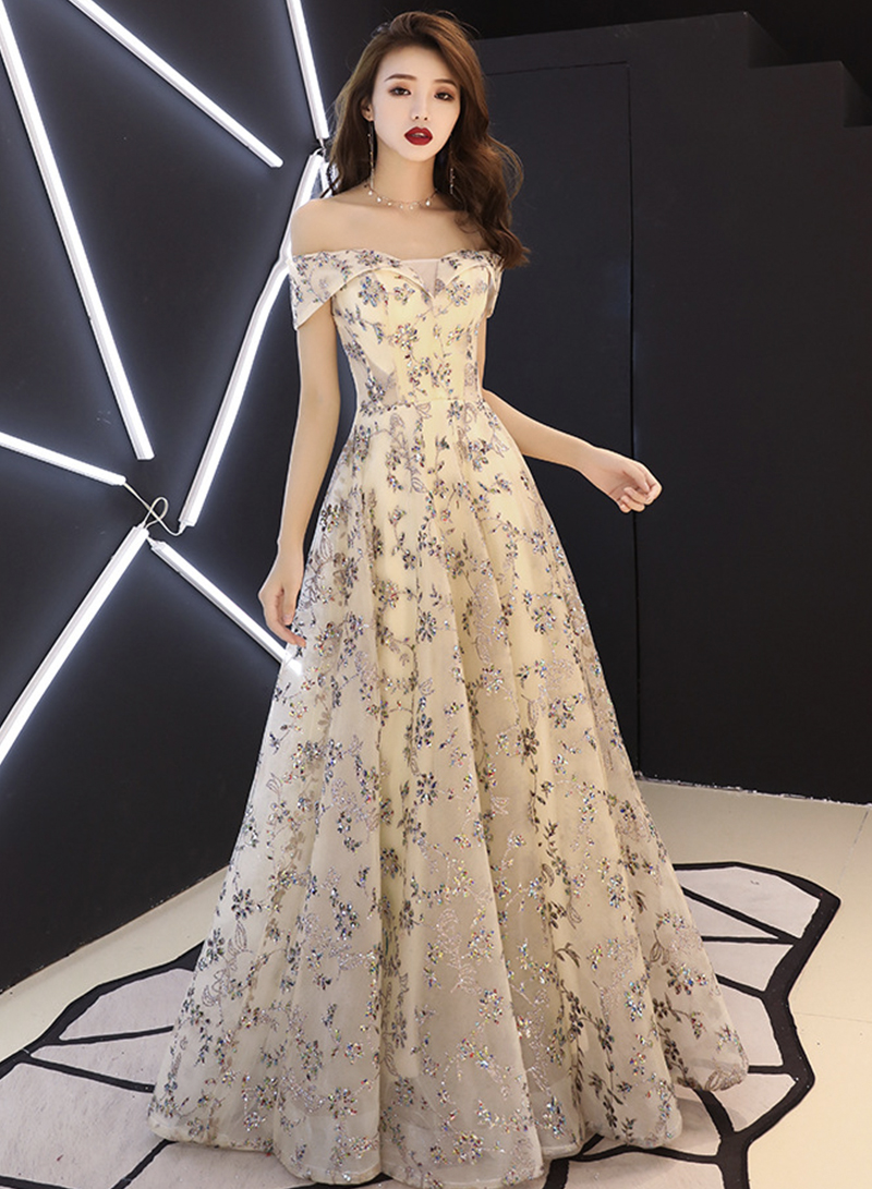 P3700 Champagne Tulle Sequins Long Prom Dress A Line Evening Gown