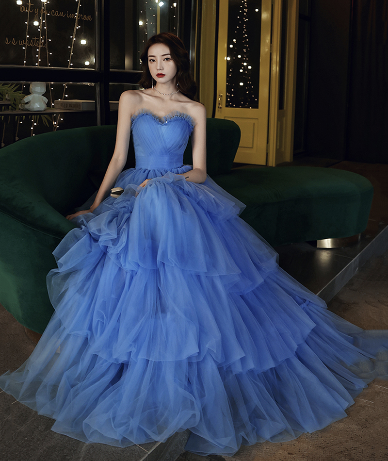 P3702 Blue Tulle Long Prom Dress Blue Evening Dress