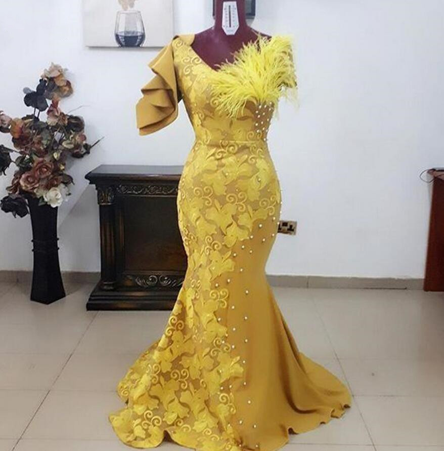 P3724 2022 New Yellow African Prom Dress Sexy Mermaid Lace Evening Dress Vestidos De Festa Feather Formal Party Dress