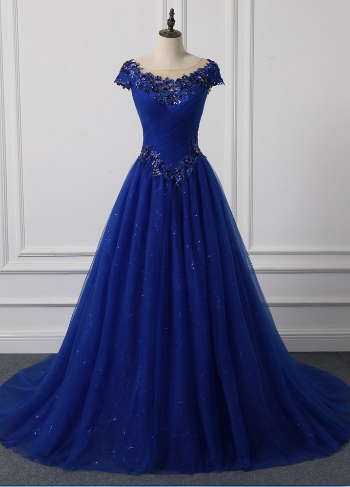 P3731 Long Neck Appliqued O Outdoor Wedding Dress Royal Blue Foil Veils Wedding Party Dresses