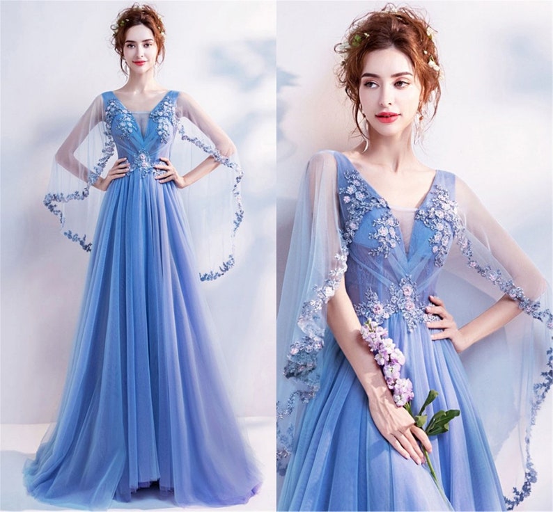 P3735 Vintage Dusty Blue Evening Gown Tulle Sparkly Party Dress Women Lace Formal Dress Belt Blue Beaded Prom Gown Pattern Lace Wedding Dress