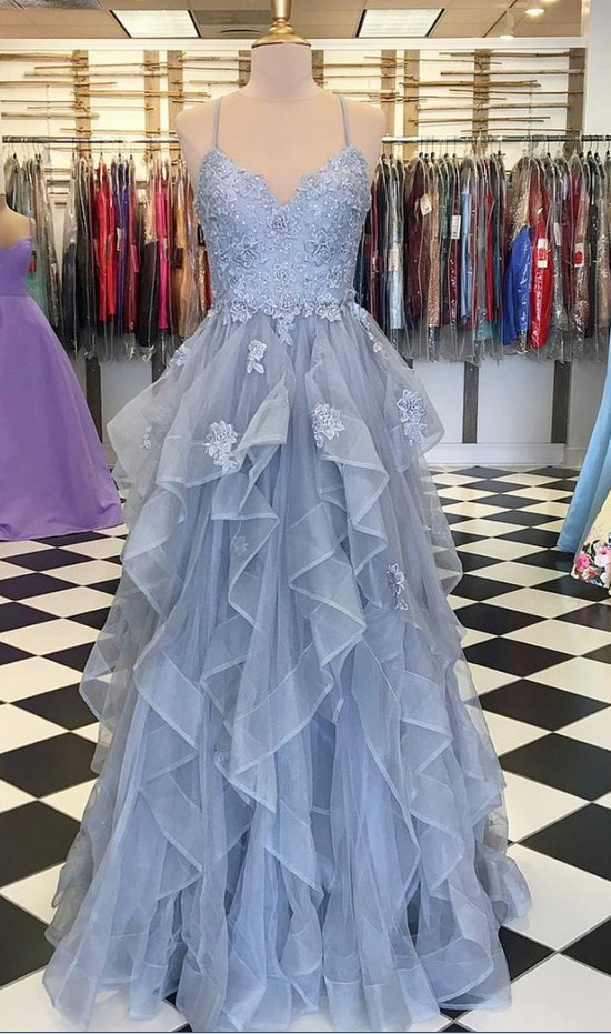 P3747 Blue Gray Tulle Ruffles Long Spaghetti Straps Evening Dress, Prom Dress