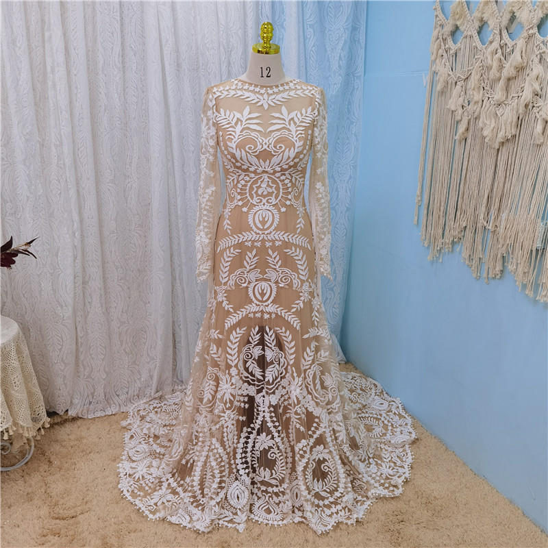 W3757 Boho Wedding Dress Chic Lace Long Sleeve Beach Wedding Gowns Vintage Two Pieces Wedding Dresses