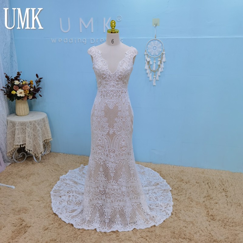W3759 Vintage Mermaid Boho Wedding Dress Crochet Lace Short Sleeve Open Back Sexy Bridal Gowns