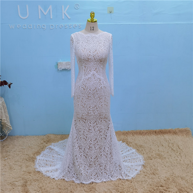 W3760 Lace Long Sleeve Mermiad Wedding Dress 2022 Vintage Boho Sexy Open Back Chic Bridal Gowns