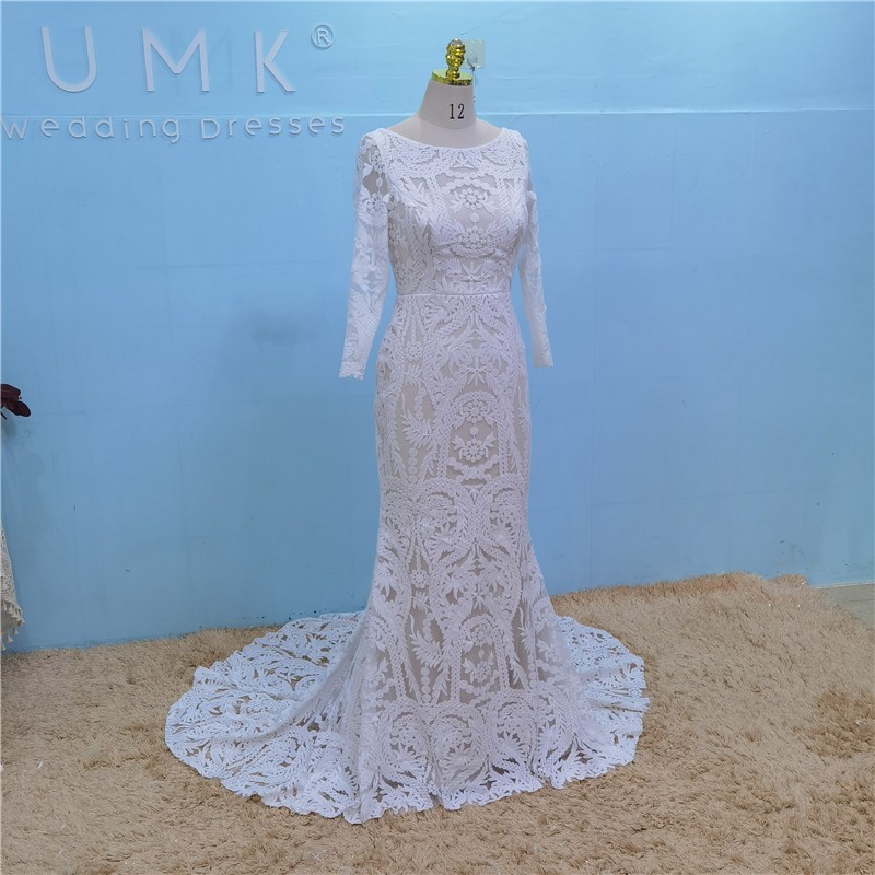 W3761 2022 Unique Lace Long Sleeve Mermaid Wedding Dress Vintage Boho Bridal Gowns Backless