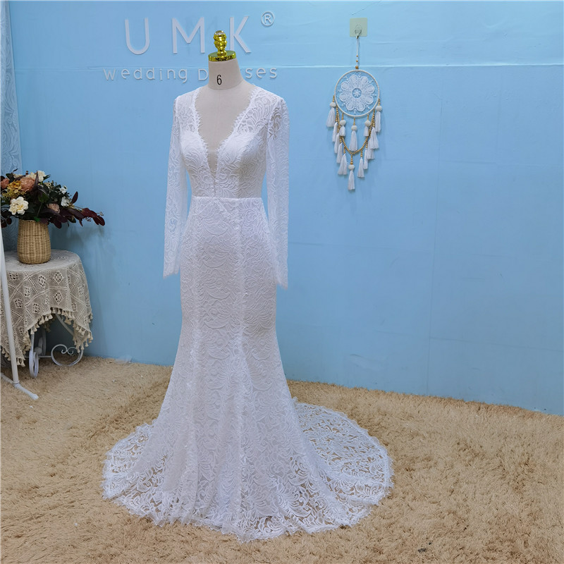 W3763 2022 Sexy Stretch Boho Mermaid Wedding Dress Lace Long Seleeve V Neck Back Bridal Gowns