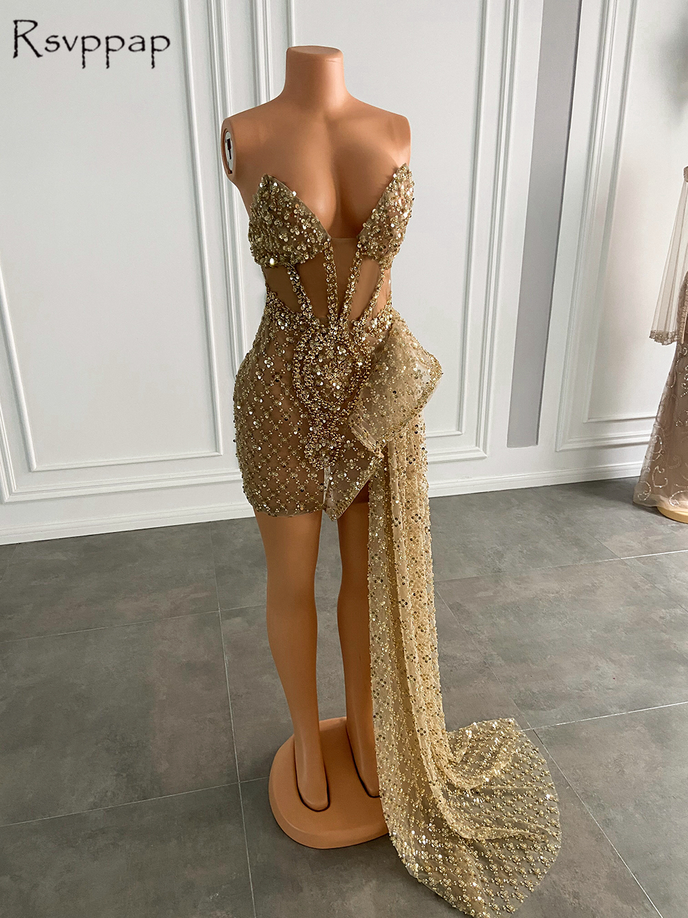 P3765 Sparkly Sweetheart Sleeveless Gold Sequined African Black Girls Short Prom Dresses 2022 With Side Train For Birthday