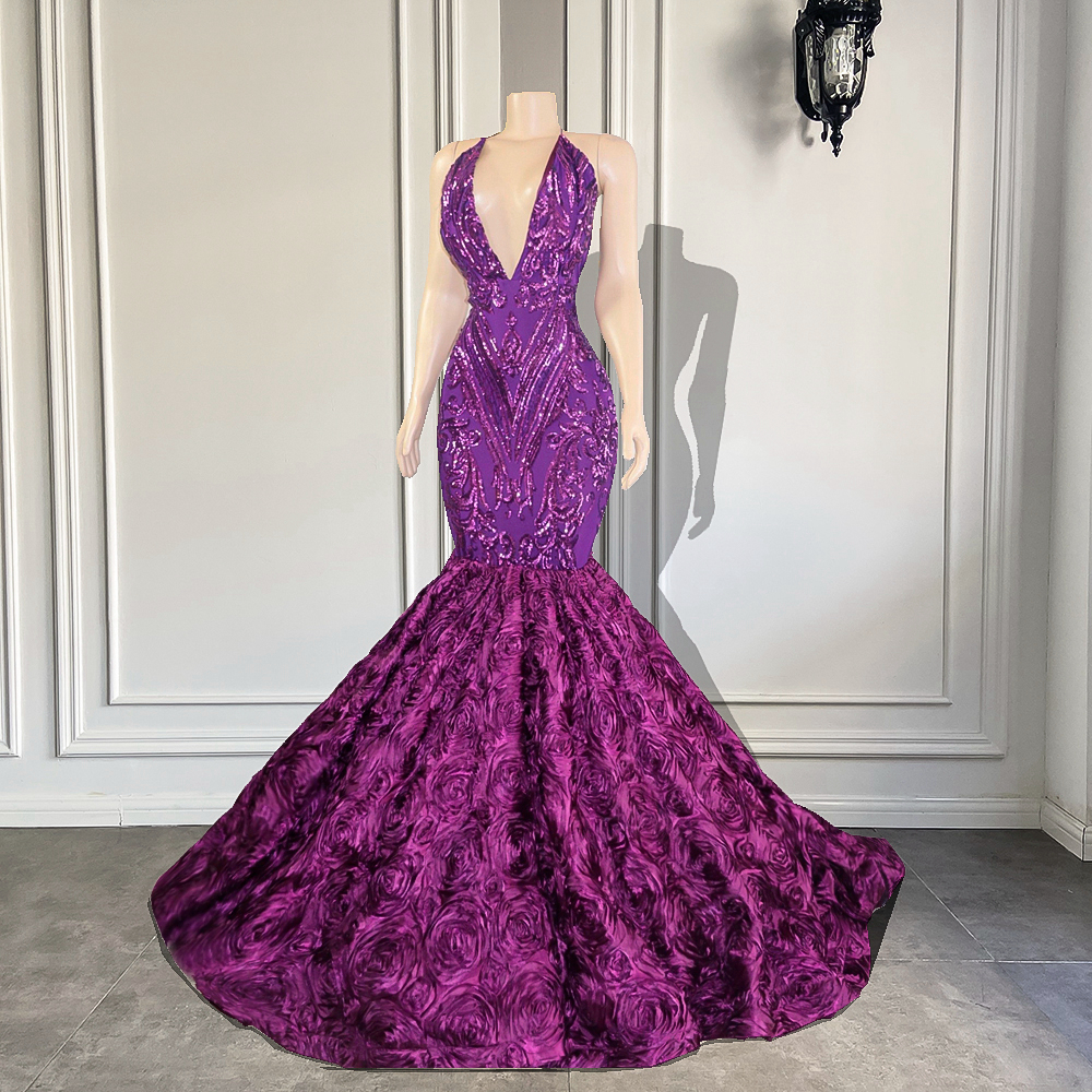 P3767 Real Picture Long Prom Dresses 2022 V-neck Sleeveless 3D Flowers Fitted Black Girls Purple Sequin Prom Gala Gowns For Party