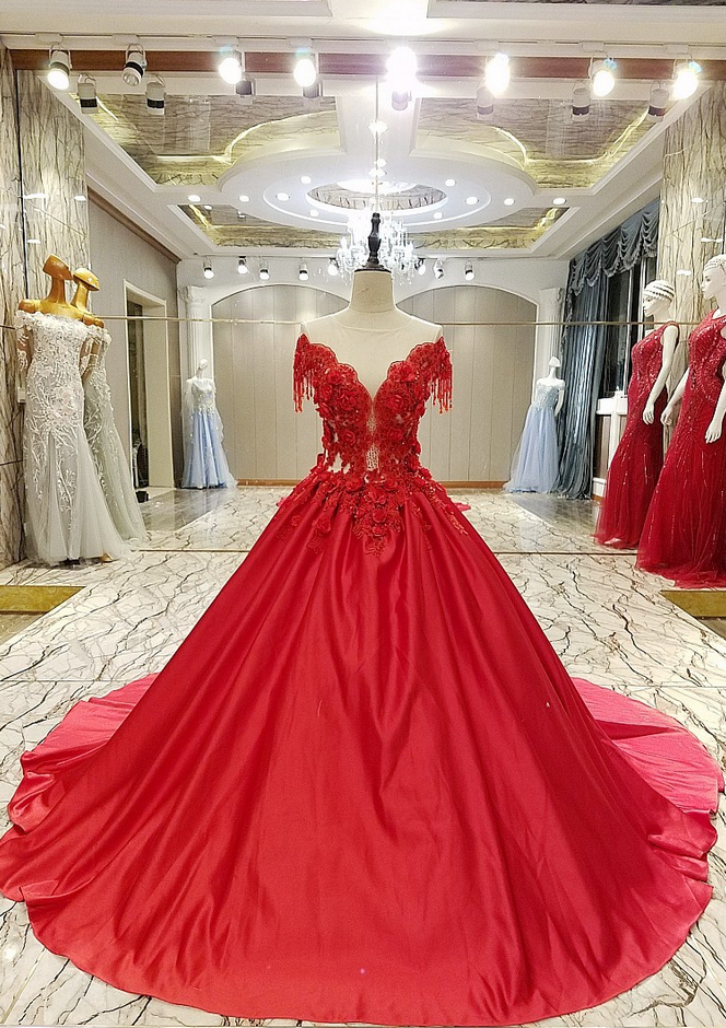 P3795 High-end Luxury Satin Evening Dress Bride Married Red Lace Flower With Beading Sweep Train Long Prom Party Gowns