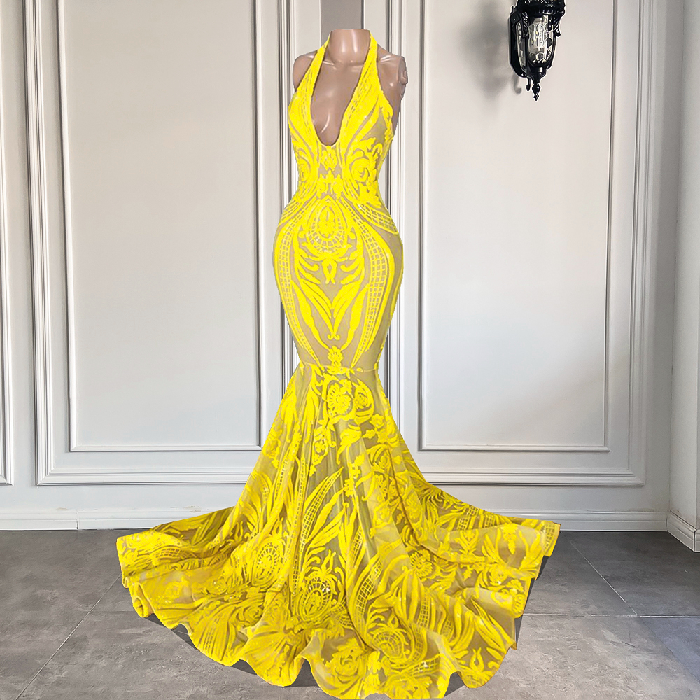 P3761 Yellow Prom Dresses. 2023 Prom Dresses, V Neck Evening Dresses, Court Train Evening Dresses, Lace Formal Dresses, Custom Make Evening Gowns