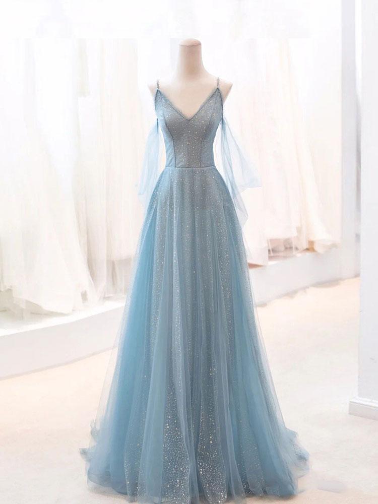 P3802 Gray Blue V Neck Tulle Sequin Long Prom Dress, Blue Evening Dress