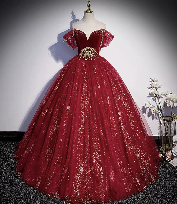 P3812 Burgundy Velvet Tulle Long Prom Dress A Line Evening Dress