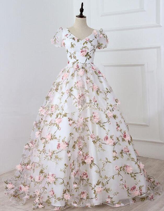 P3814 Ball Gown White V Neck 3d Flowers Long Prom Dress