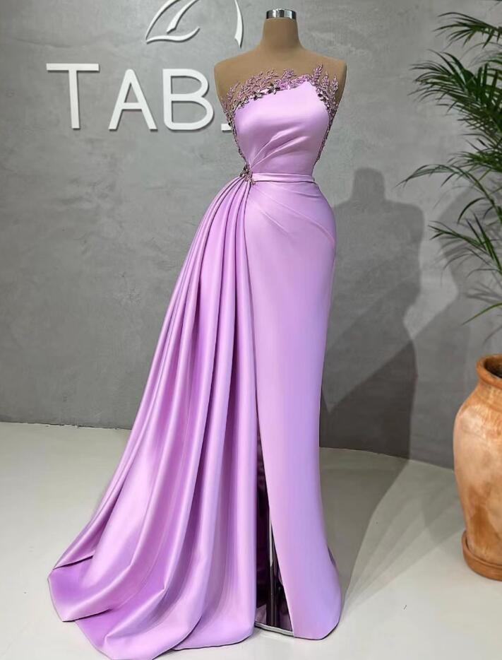 P3817 Lilac Mermaid Evening Dress 2023 Illusion Neck Lace Beaded Slit Women Prom Party Gowns