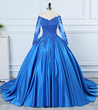 P3821 Royal Blue Satin V Neck Sweep Train Formal Prom Dress With Long Sleeve,custom Made