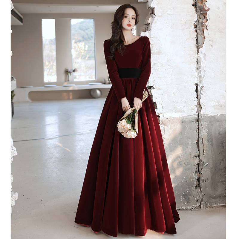 P3826 Elegant Wine Red Velvet Long Sleeves Formal Dress, Long Dark Red Wedding Party Dress