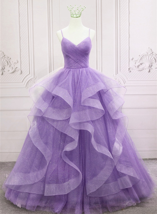 P3828 Glam Purple Tulle V-neckline Straps Layers Long Formal Dress Party Dress, Purple Evening Dress Prom Dresses