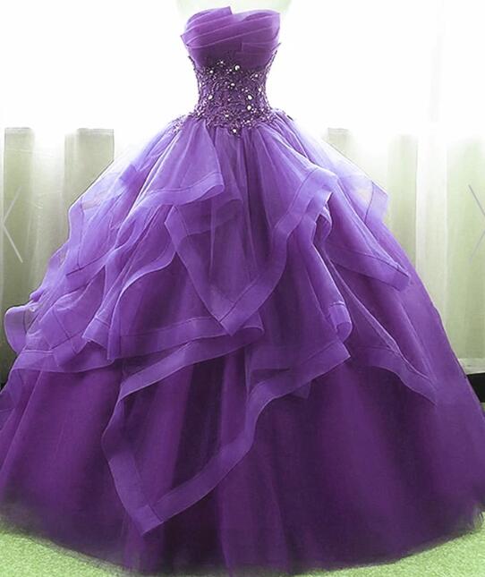 P3836 Purple Ball Gown Organza And Tulle Sweet 16 Dress With Lace Appique, Purple Formal Gown