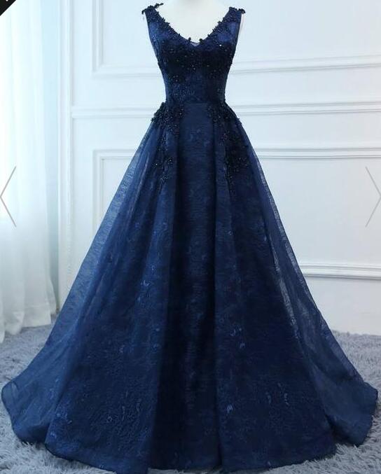 P3844 Navy Blue V-neckline Lace Long Party Dress With Flowers, Blue V-neckline Prom Dress