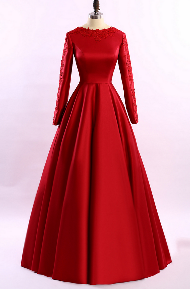 P3845 Simple Long Sleeve Red Evening Dresses Long Evening Dress With Sleeves Formal Dresses Special Occasion Dresses