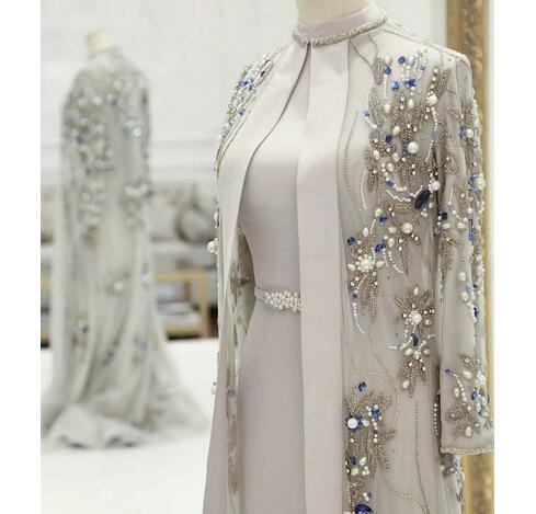P3854 Gorgeous Beaded Mother Of The Bride Dresses With Long Sleeves Pearls Plus Size Wedding Guest Dress Crystals High Neck Evening Gowns