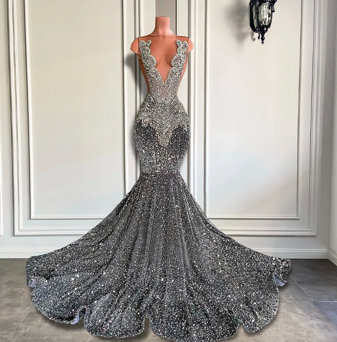 P3859 Sexy Long Sparkly Prom Dresses 2024 Sheer O-neck Luxury Silver Crystals Diamond Sequin Mermaid Black Girl Prom Party Gowns