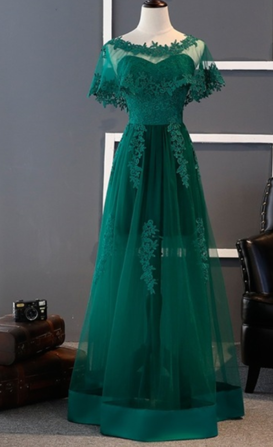 P3864 Prom Dresses,charming Green A-line Lace Tulle Prom Dress Elegant Evening Dress
