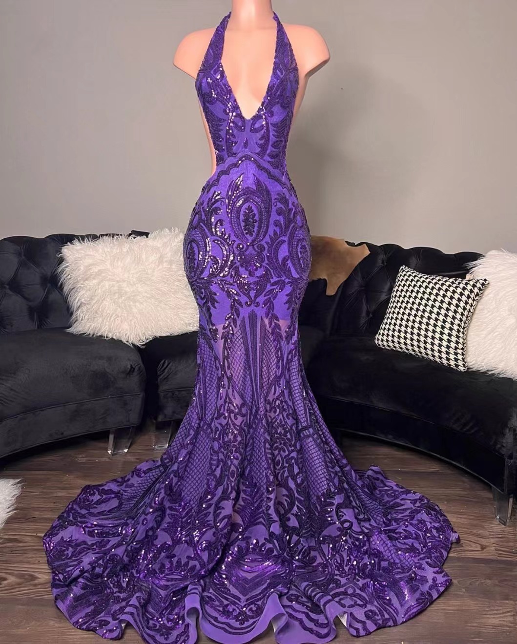 P3873 Purple Prom Dresses, Mermaid Prom Dresses, Custom Make Evening Dresses, Fashion Prom Dresses, Halter Prom Dresses, Sparkly Formal Dresses