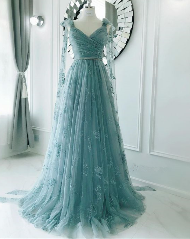dusty blue graduation dress Gray Blue V Neck Tulle Sequin Long Prom Dress, Blue Formal Graduation Dresses US 2 / Custom Color main image 0