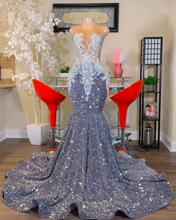 sachin and babi light blue dress P3599 Shinning Grey Sequin Mermaid Prom Dresses 2024 Luxury O Neck Lace Appliques Plus Size Birthday Party Gowns for Arabic Women