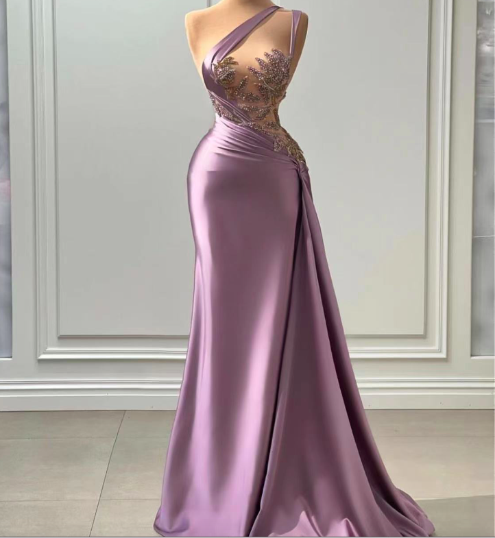 Appliques Beading One Shoulder Silver Satin Prom Dress