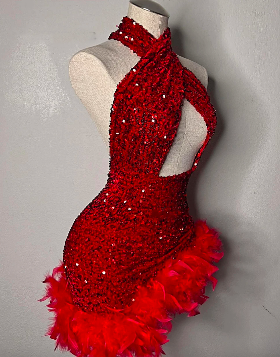 P3640 Red Feathers Sequin Prom Dresses Halter Homecoming Dress African Criss Cross Party Gown Mermaid Mini Cocktail Gowns Vestidos