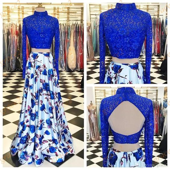 Long Sleeves Prom Dresses With High Collar And Sexy Open-back Prom Dress,two Pieces Evening Dress