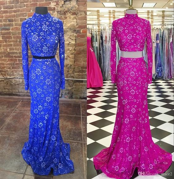 High Collar Prom Dresses 2017 Styles With Long Sleeves And Sweep Train Real Pictures Bling Two Pieces Pageant Dress Custom Made Royal Blue