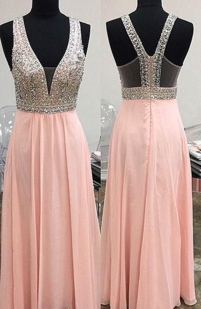Charming Pink Chiffon Backless Prom Dresses V Neck Silver Beaded Floor Long Prom Dress